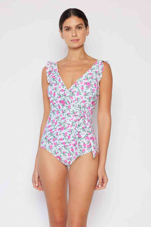 Float On Ruffle Faux Wrap One-Piece Womens Swimsuit in Roses Off-White - Sydney So Sweet