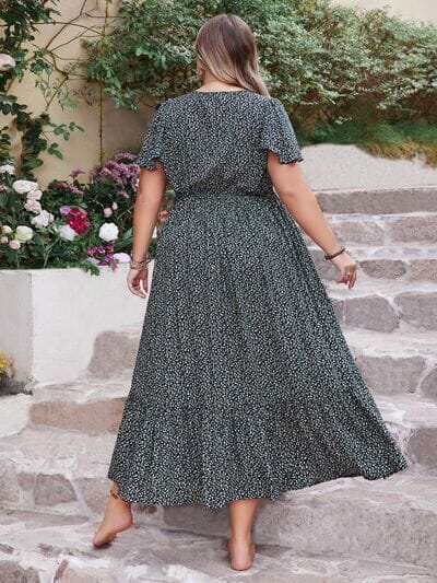 Plus Size Printed V-Neck Flutter Sleeve Midi Dress - Sydney So Sweet