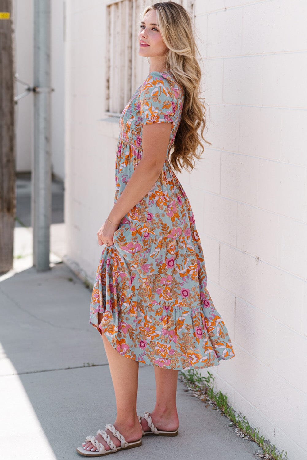 Floral Flounce Sleeve Round Neck Midi Dress - Sydney So Sweet