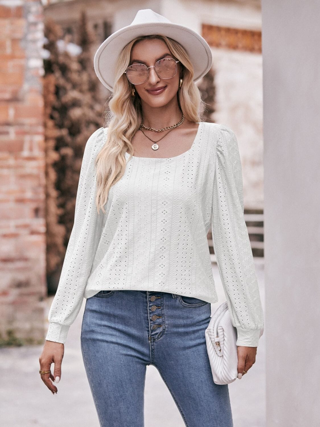 Eyelet Square Neck Puff Sleeve Blouse - Sydney So Sweet