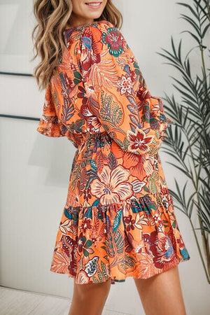 Tropical Print Tie Waist Lantern Sleeve Mini Dress - Sydney So Sweet