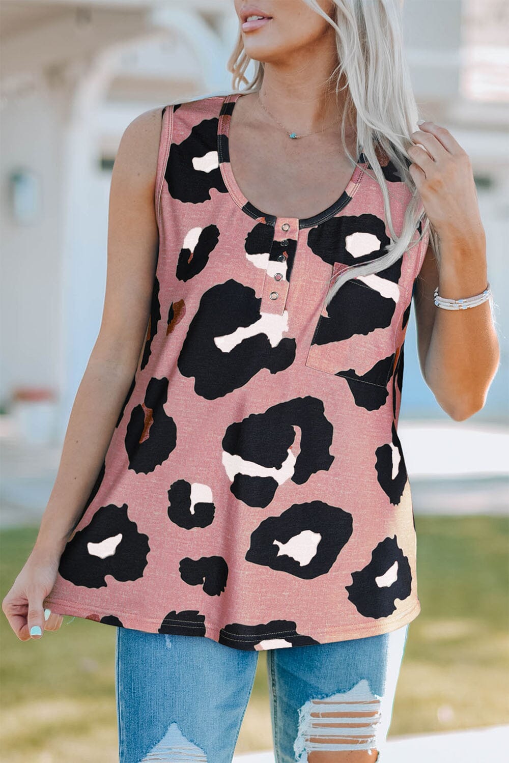 Pocketed Leopard Round Neck Tank - Sydney So Sweet