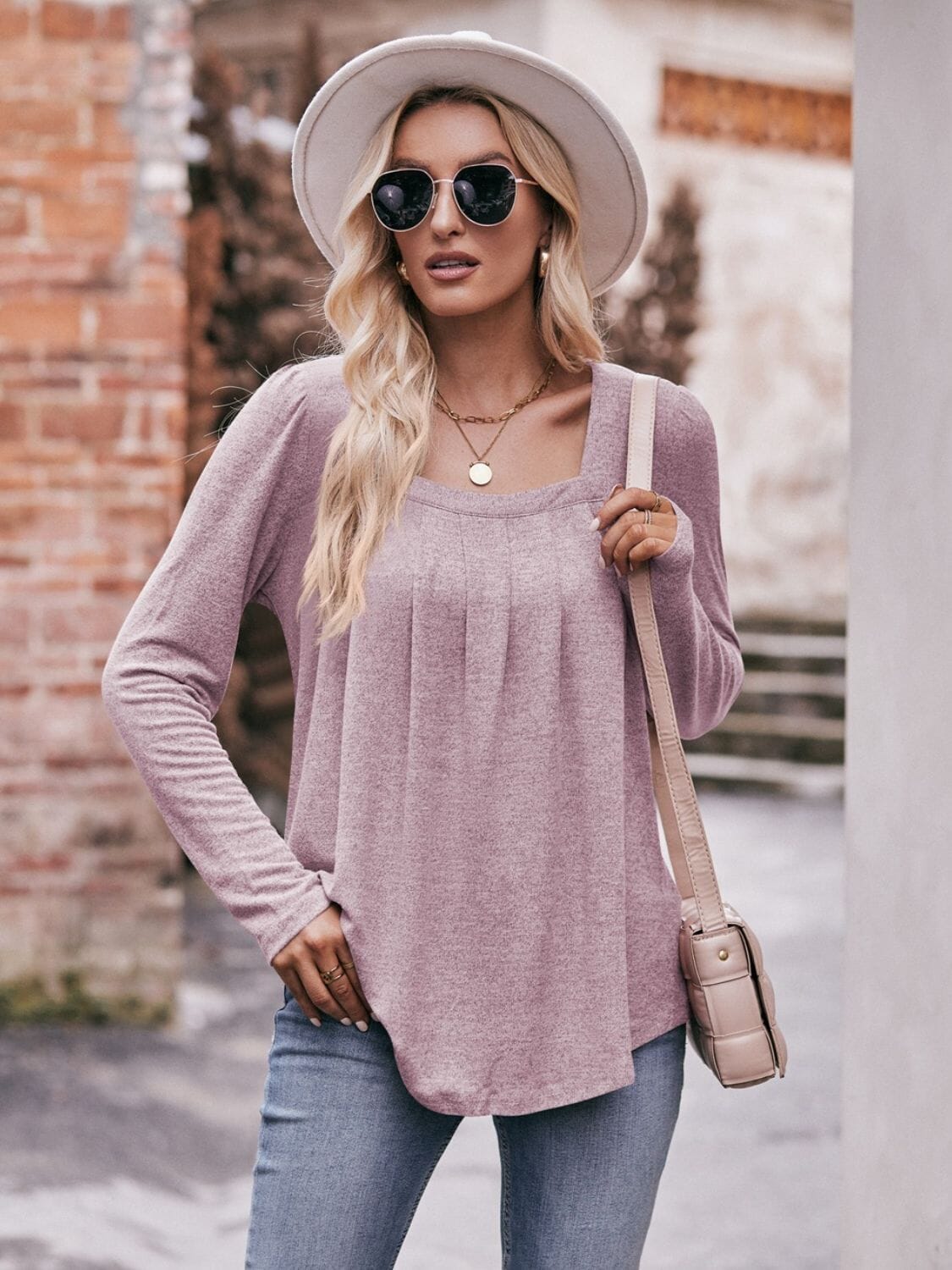 Pleated Detail Curved Hem Long Sleeve Top - Sydney So Sweet