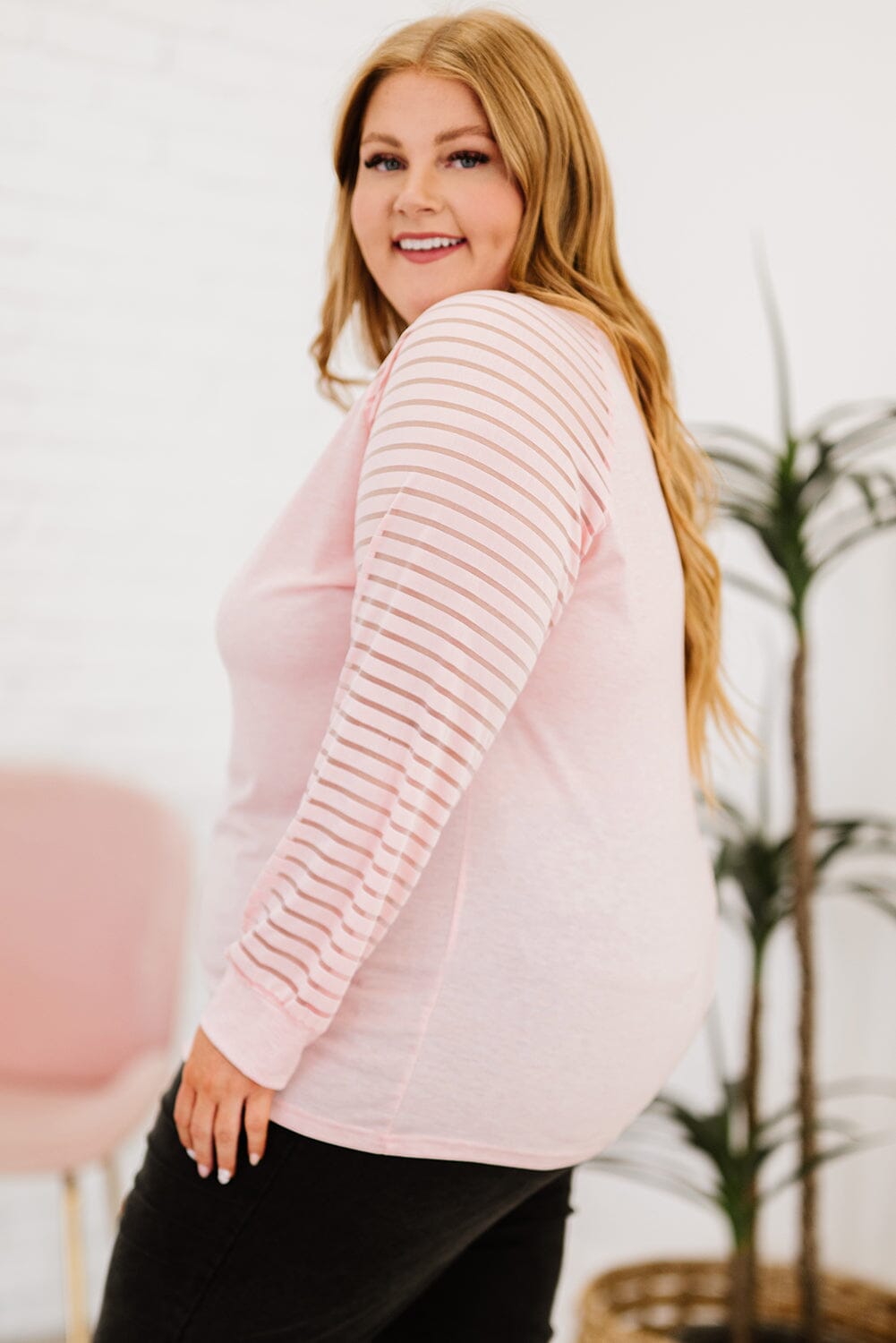 Plus Size Sheer Striped Sleeve V-Neck Top - Sydney So Sweet