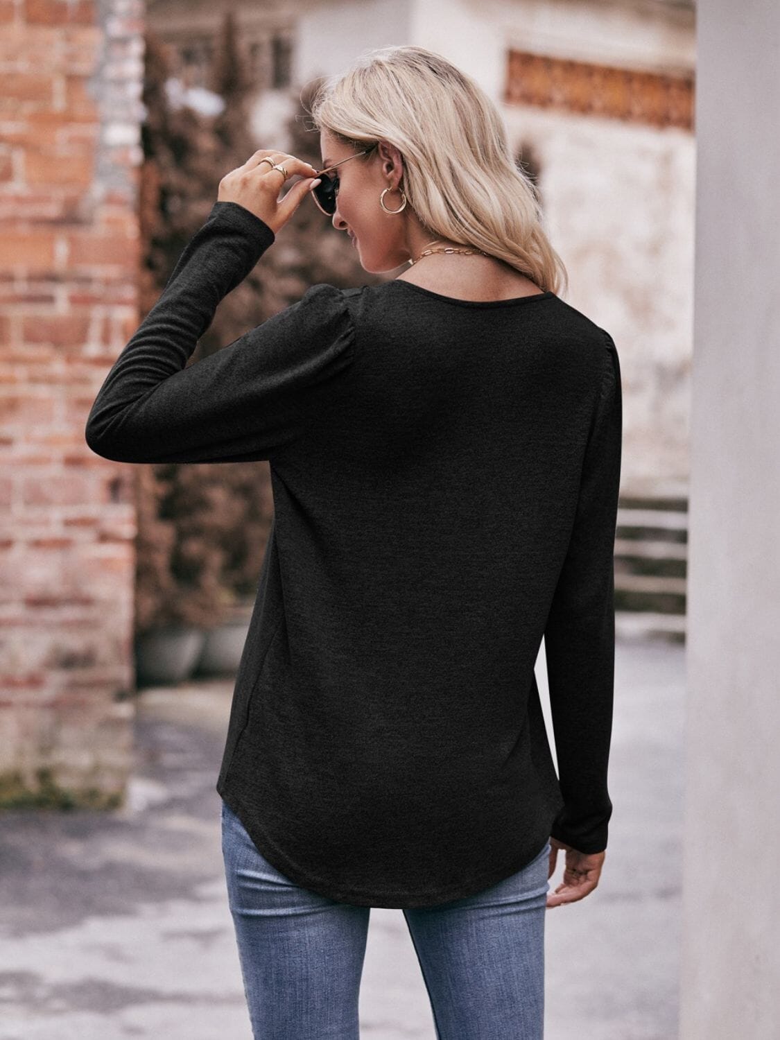 Pleated Detail Curved Hem Long Sleeve Top - Sydney So Sweet