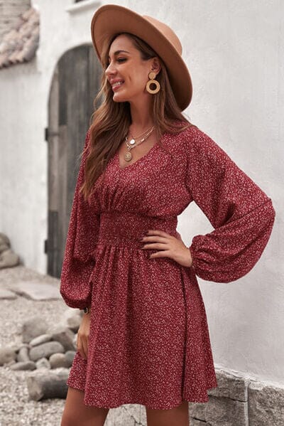 Smocked V-Neck Balloon Sleeve Dress - Sydney So Sweet