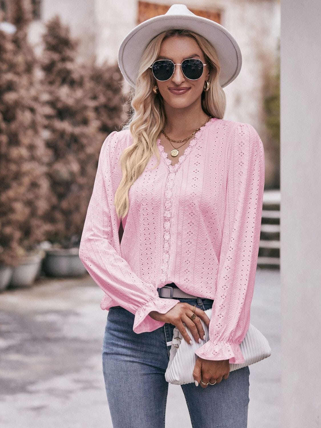 Eyelet V-Neck Flounce Sleeve Blouse - Sydney So Sweet