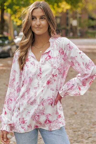 Floral Tie Neck Flounce Sleeve Blouse - Sydney So Sweet