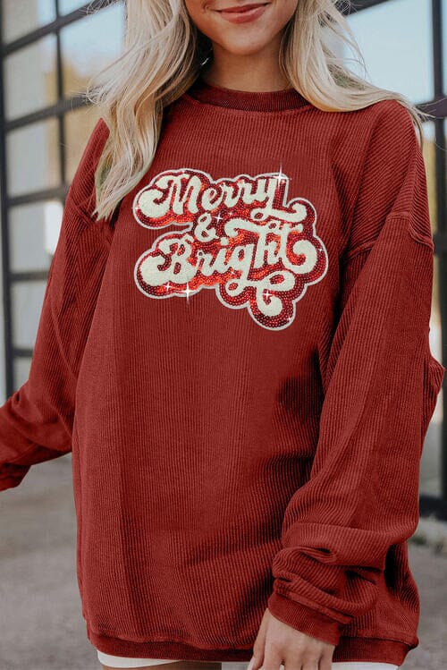 Ribbed Sequin Merry & Bright Graphic Sweatshirt Wine / S