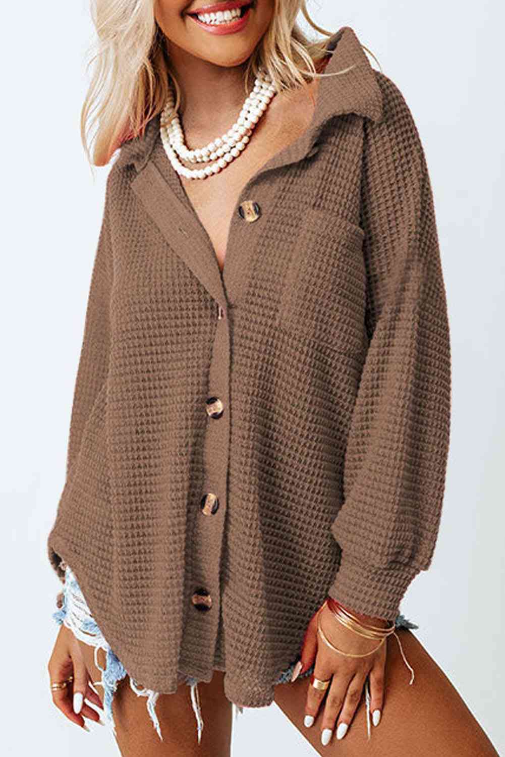 Waffle-Knit Button Up Long Sleeve Shirt with Pocket - Sydney So Sweet