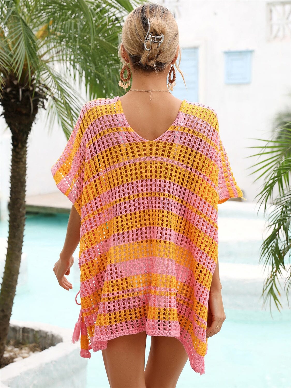 Tassel Openwork Striped V-Neck Cover Up - Sydney So Sweet