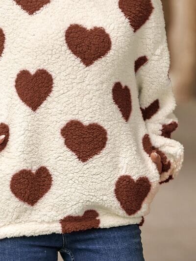 Fuzzy Heart Pocketed Dropped Shoulder Hoodie - Sydney So Sweet