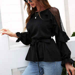Round Neck Front Tie Flounce Sleeve Lace Cap Blouse - Sydney So Sweet