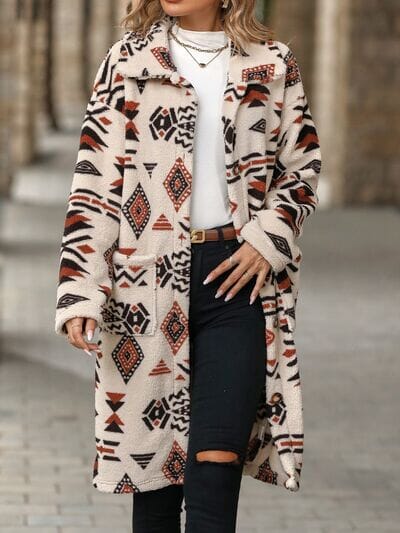 Geometric Pocketed Dropped Shoulder Coat - Sydney So Sweet