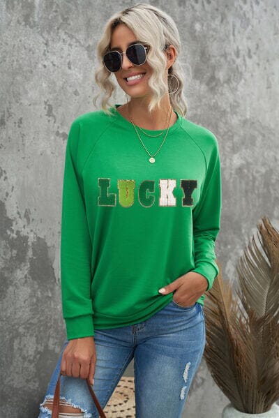 LUCKY Round Neck Raglan Sleeve Sweatshirt - Sydney So Sweet