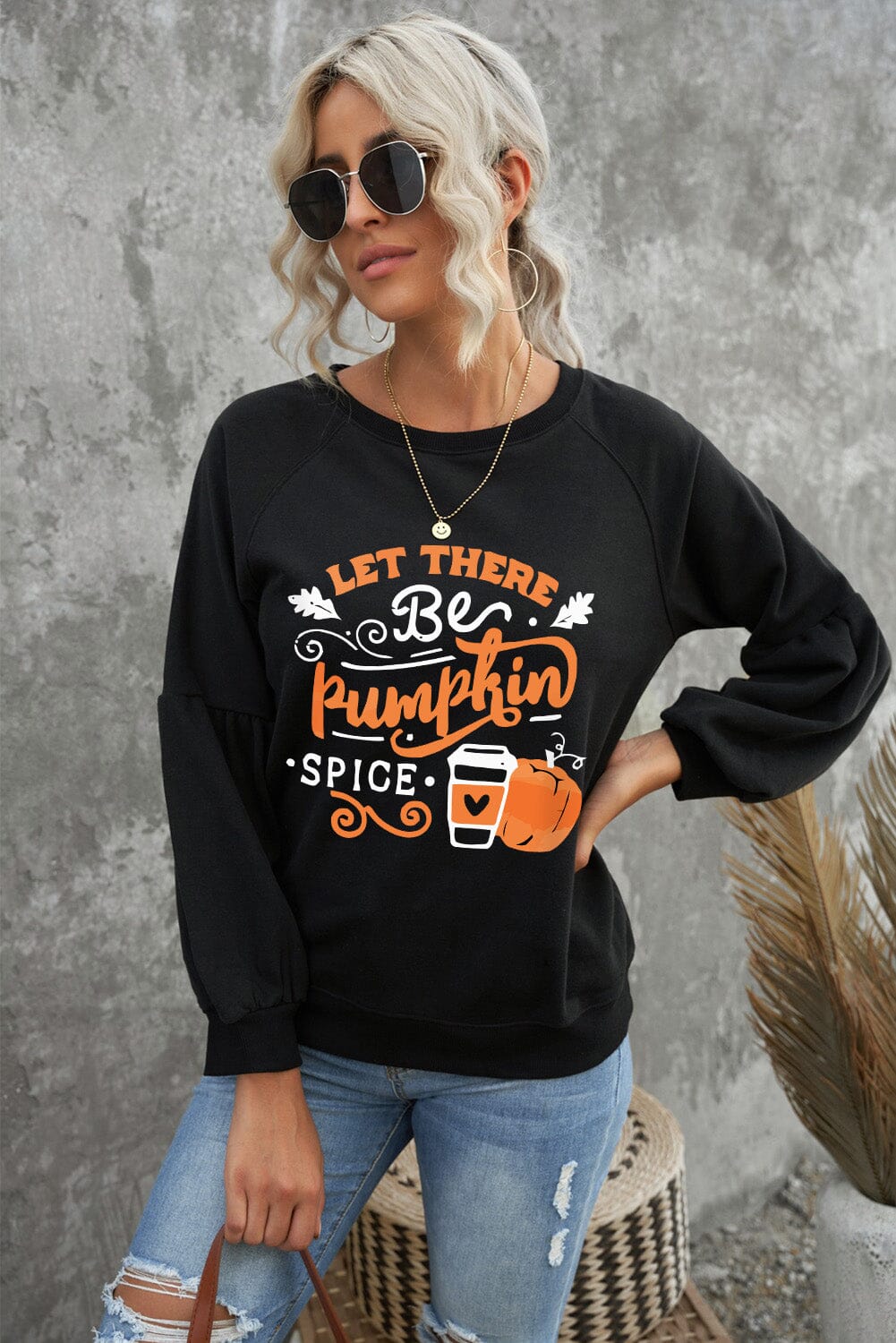 Round Neck Long Sleeve LET THERE BE PUMPKIN SPICE Graphic Sweatshirt - Sydney So Sweet