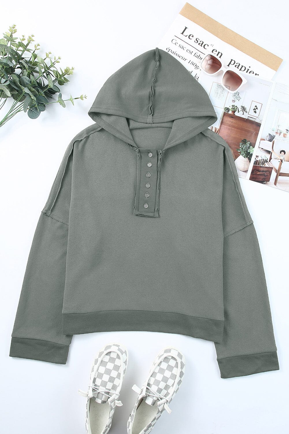 Quarter-Button Exposed Seam Dropped Shoulder Hoodie - Sydney So Sweet