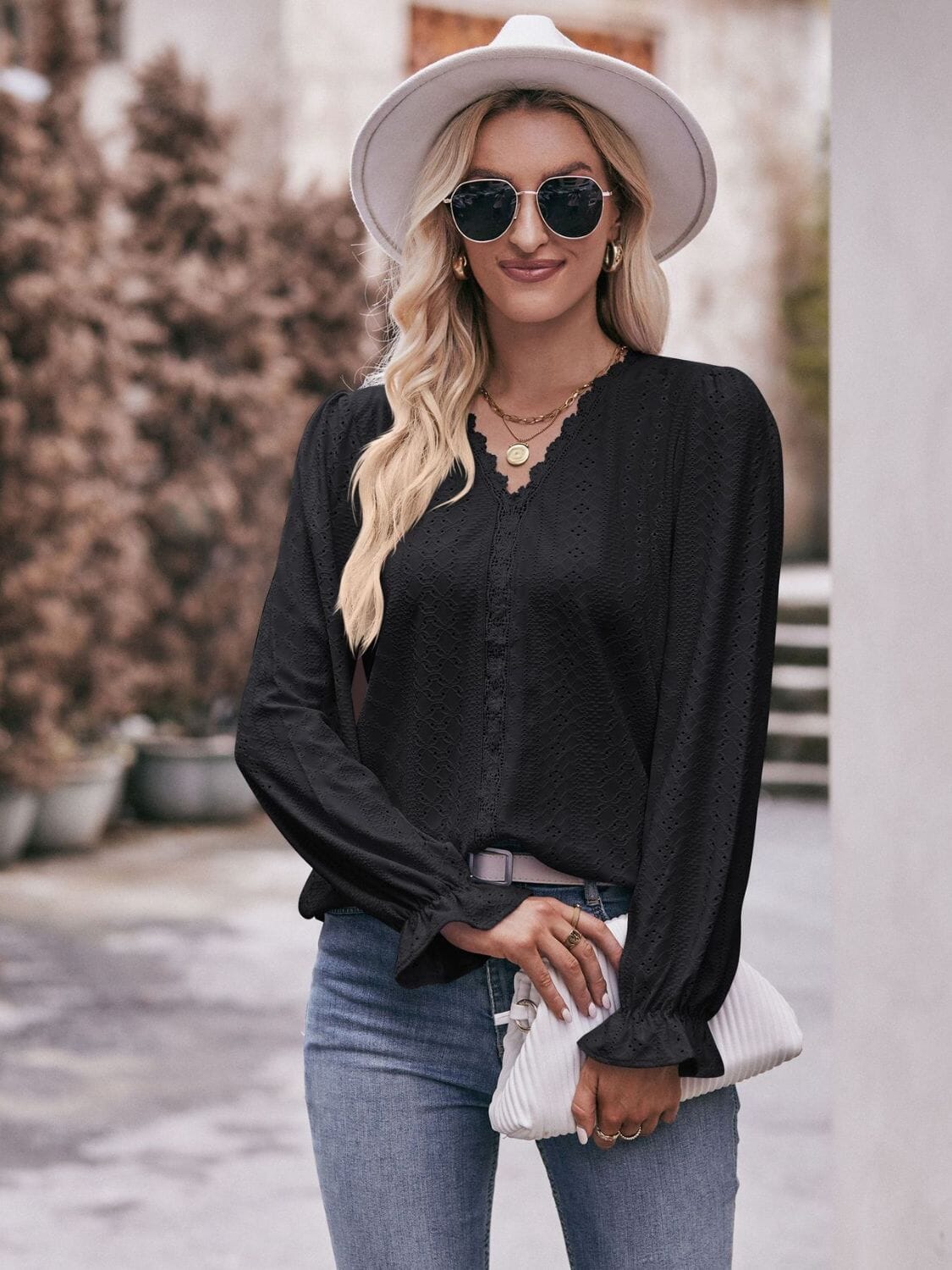 Eyelet V-Neck Flounce Sleeve Blouse - Sydney So Sweet