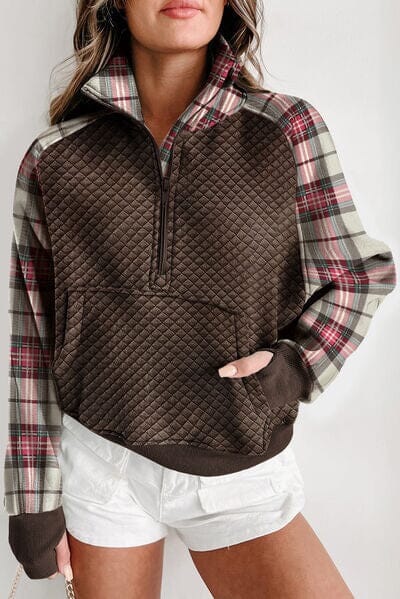 Plaid Half Zip Kangaroo Pocket Sweatshirt - Sydney So Sweet