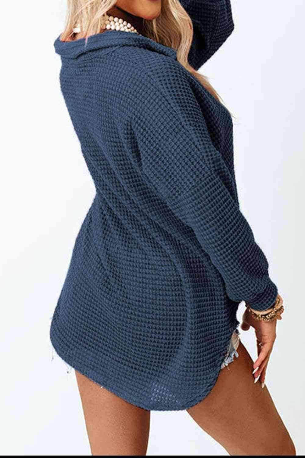 Waffle-Knit Button Up Long Sleeve Shirt with Pocket - Sydney So Sweet