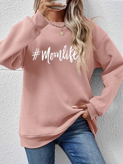 Letter Graphic #Momlife Round Neck Sweatshirt - Sydney So Sweet