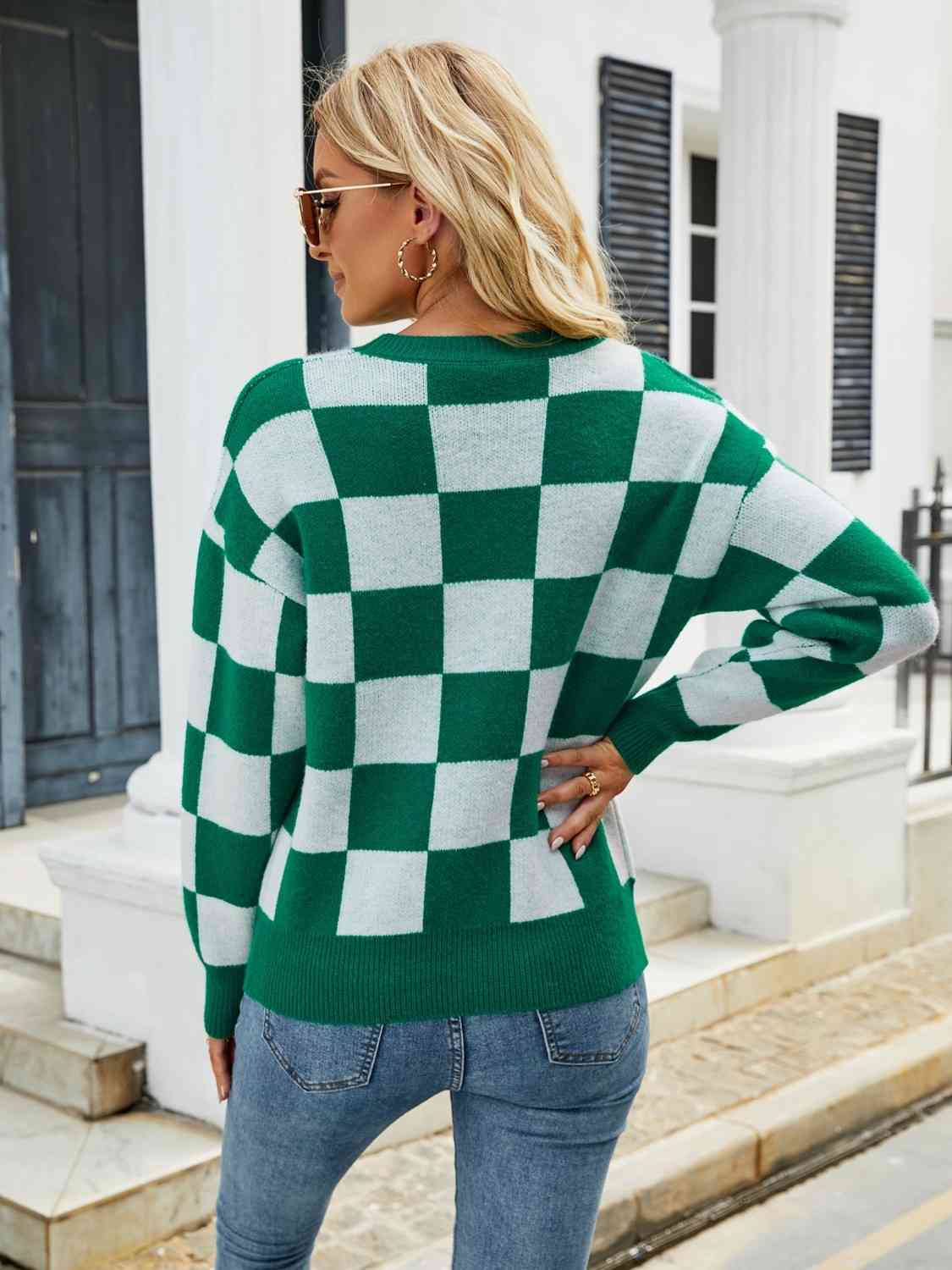 Green Checkered Round Neck Sweater - Sydney So Sweet