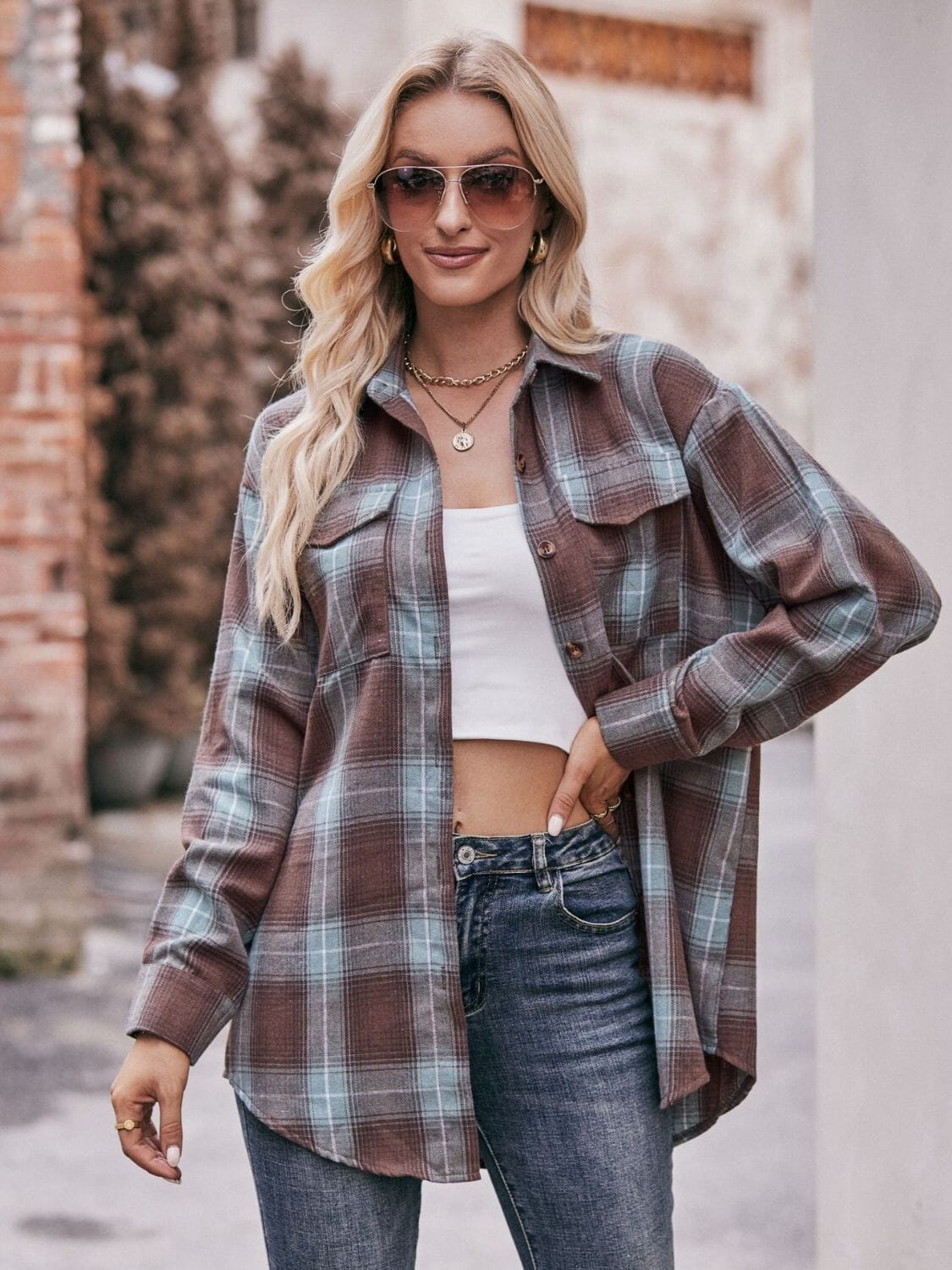 Plaid Dropped Shoulder Longline Shirt - Sydney So Sweet