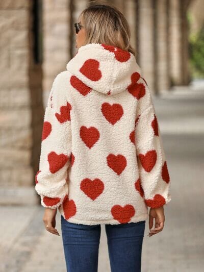 Fuzzy Heart Pocketed Dropped Shoulder Hoodie - Sydney So Sweet