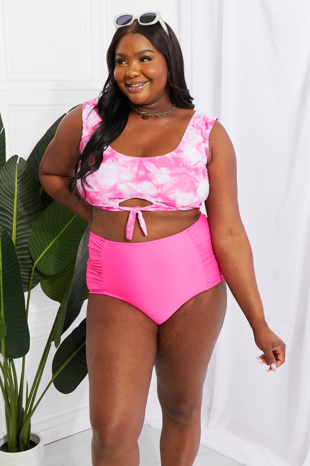 Marina West Swim Sanibel Crop Swim Top and Ruched Bottoms Set in Pink - Sydney So Sweet