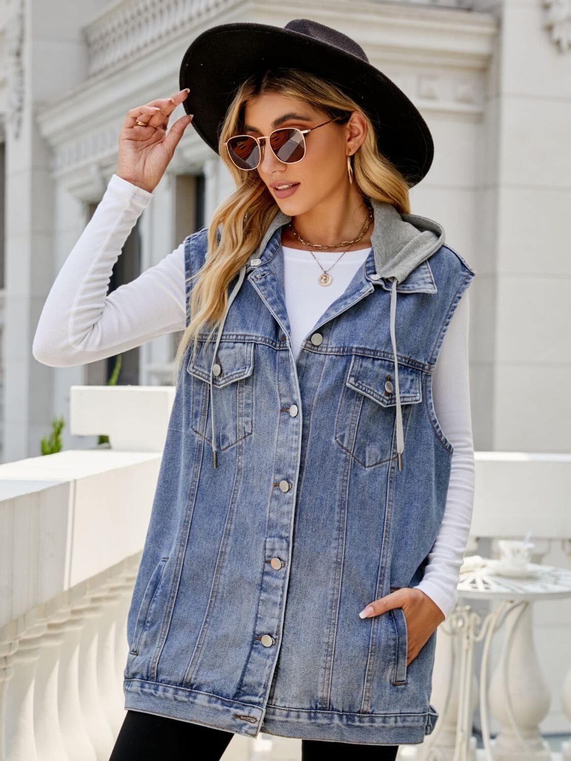 Drawstring Hooded Sleeveless Denim Top with Pockets - Sydney So Sweet