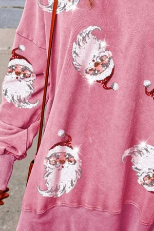 Sequin Santa Pink Drop Shoulder Slit Sweatshirt - Sydney So Sweet