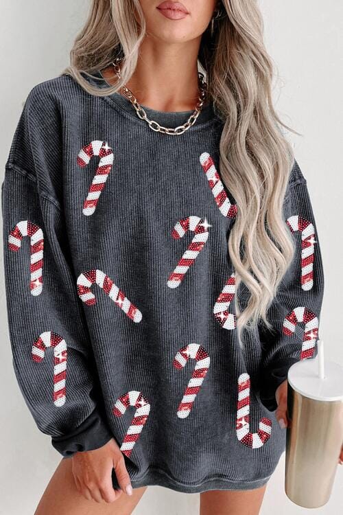 Sequin Candy Cane Round Neck Sweatshirt - Sydney So Sweet