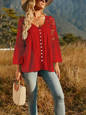 Spliced Lace Buttoned Blouse - Sydney So Sweet