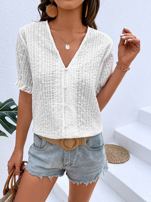 Buttoned V-Neck Flounce Sleeve Top - Sydney So Sweet