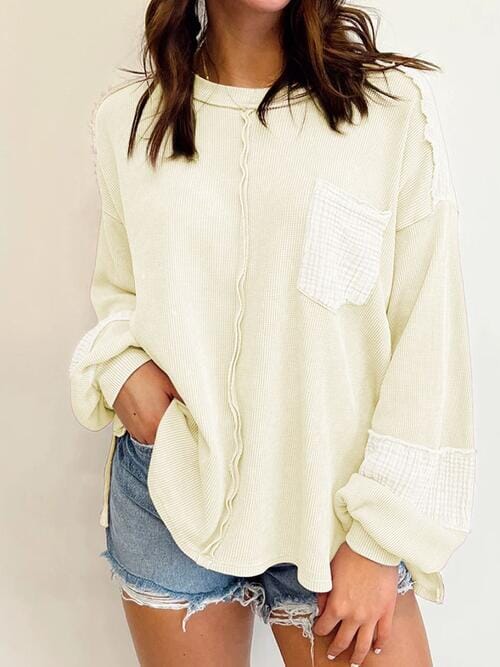 Waffle-Knit Exposed Seam Lantern Sleeve Blouse - Sydney So Sweet