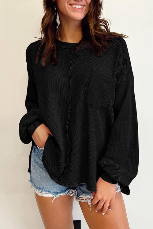 Waffle-Knit Exposed Seam Lantern Sleeve Blouse - Sydney So Sweet