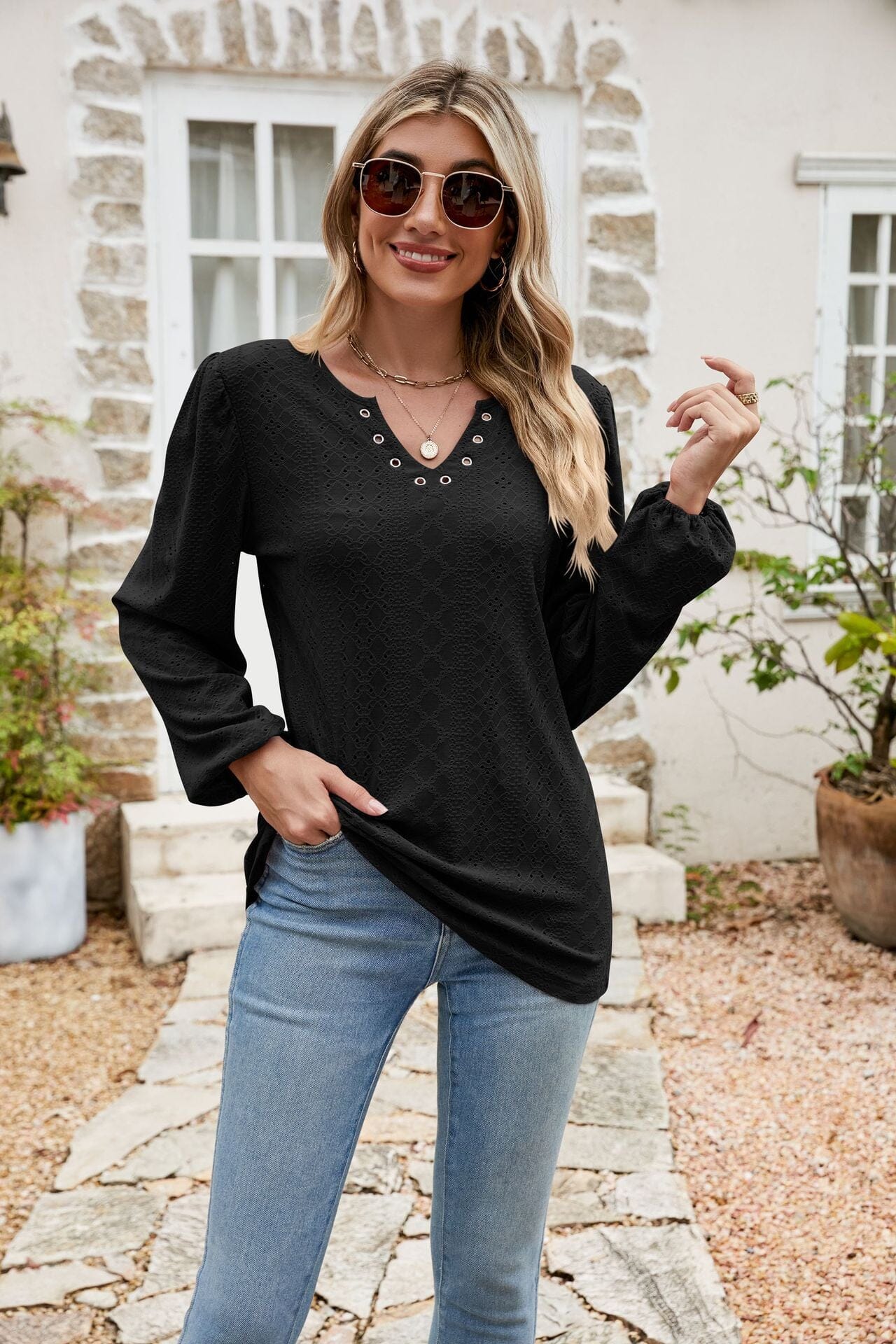 Eyelet Notched Neck Balloon Sleeve Blouse - Sydney So Sweet