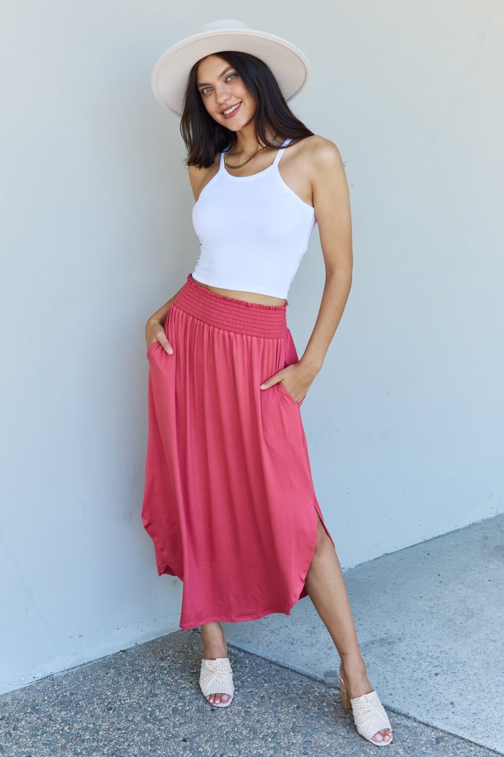 Full Size High Waist Scoop Hem Maxi Skirt in Hot Pink - Sydney So Sweet