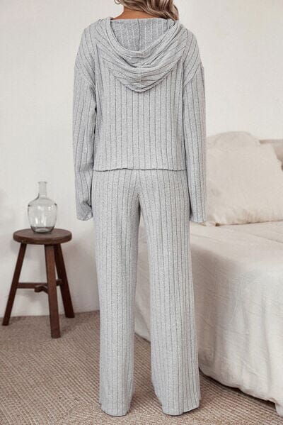 Ribbed Drawstring Hoodie and Pants Lounge Set - Sydney So Sweet