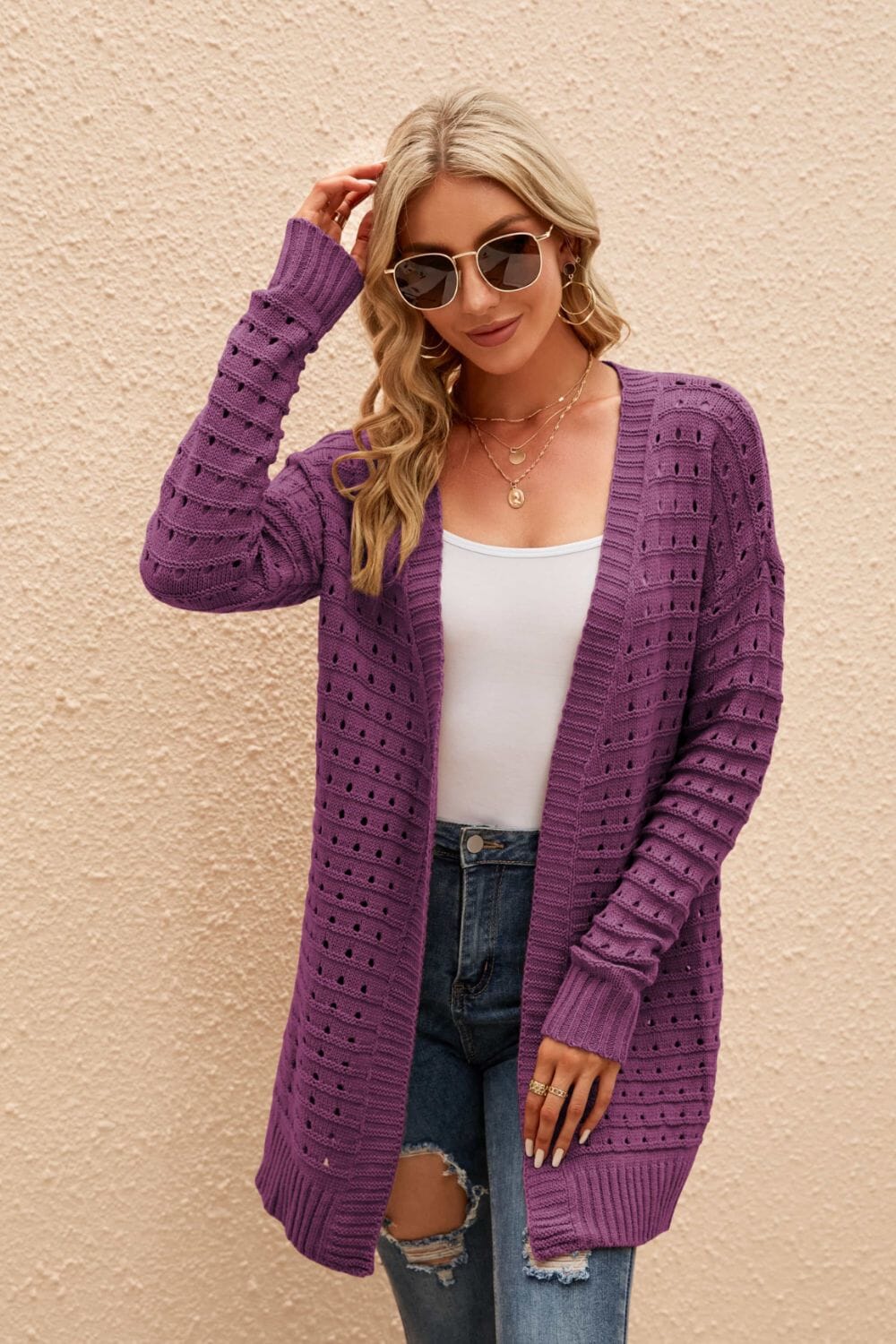 Openwork Horizontal Ribbing Open Front Cardigan - Sydney So Sweet