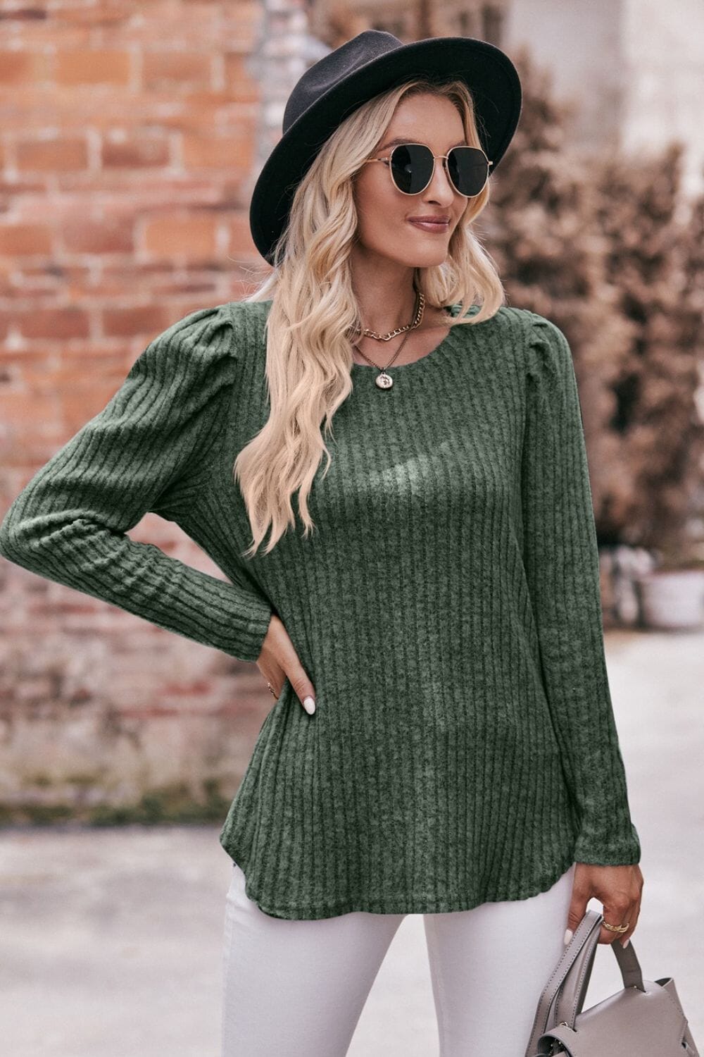 Round Neck Puff Sleeve Ribbed Top - Sydney So Sweet