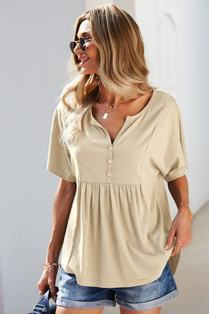 Buttoned Notched Neck Short Sleeve Top - Sydney So Sweet