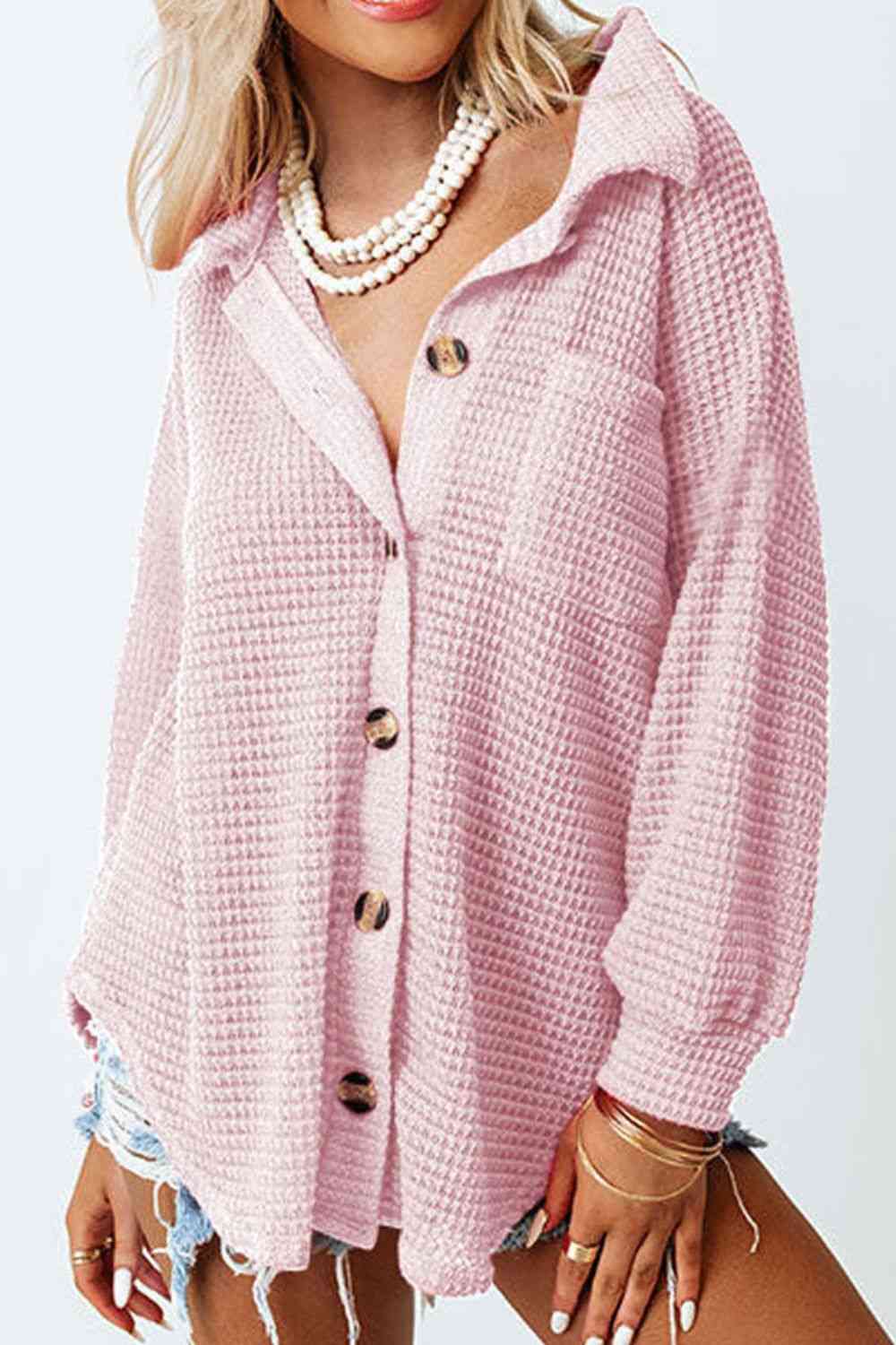 Waffle-Knit Button Up Long Sleeve Shirt with Pocket - Sydney So Sweet