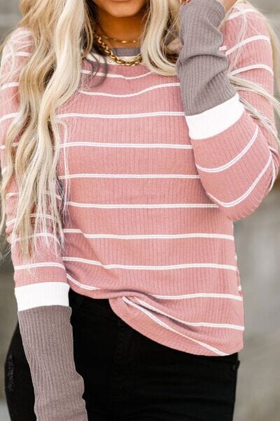 Striped Round Neck Long Sleeve T-Shirt - Sydney So Sweet