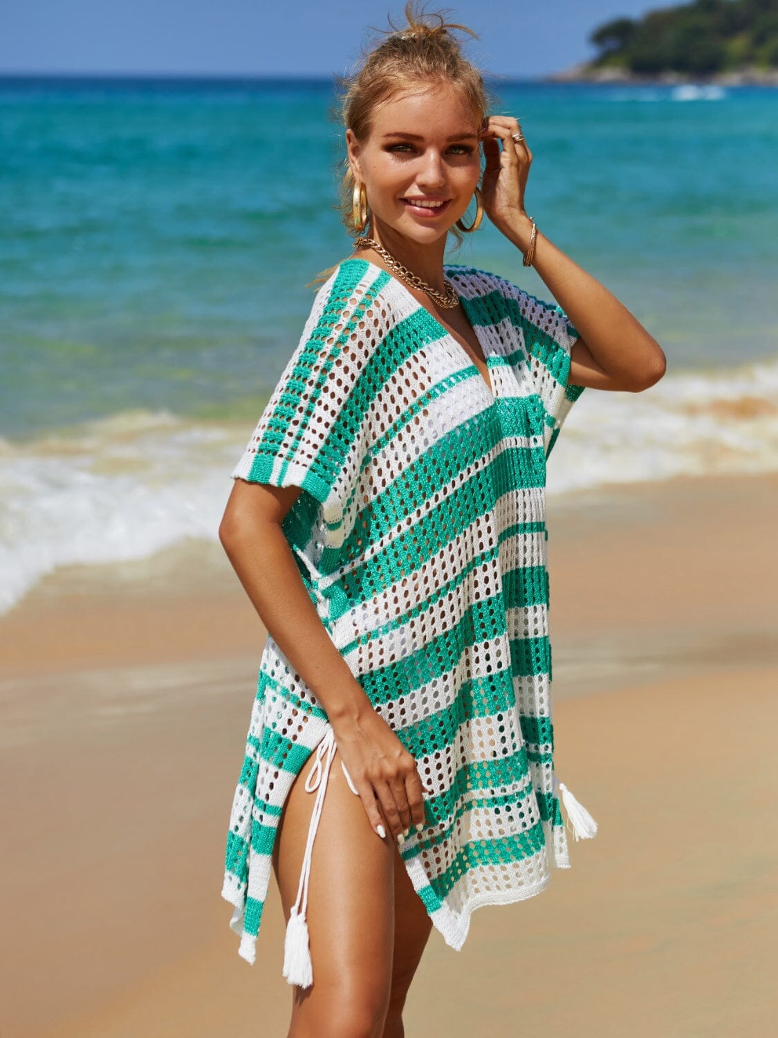 Tassel Openwork Striped V-Neck Cover Up - Sydney So Sweet