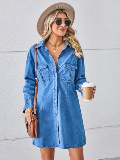 Pocketed Dropped Shoulder Mini Denim Dress - Sydney So Sweet