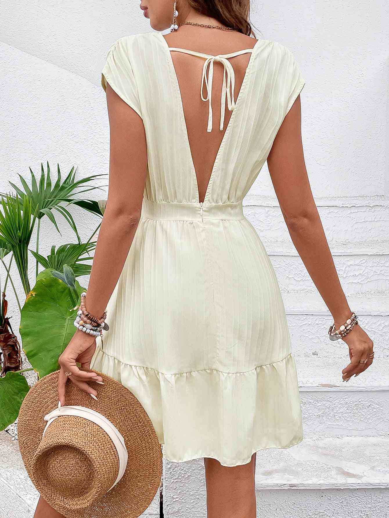 Tie Back V-Neck Ruffle Hem Dress - Sydney So Sweet