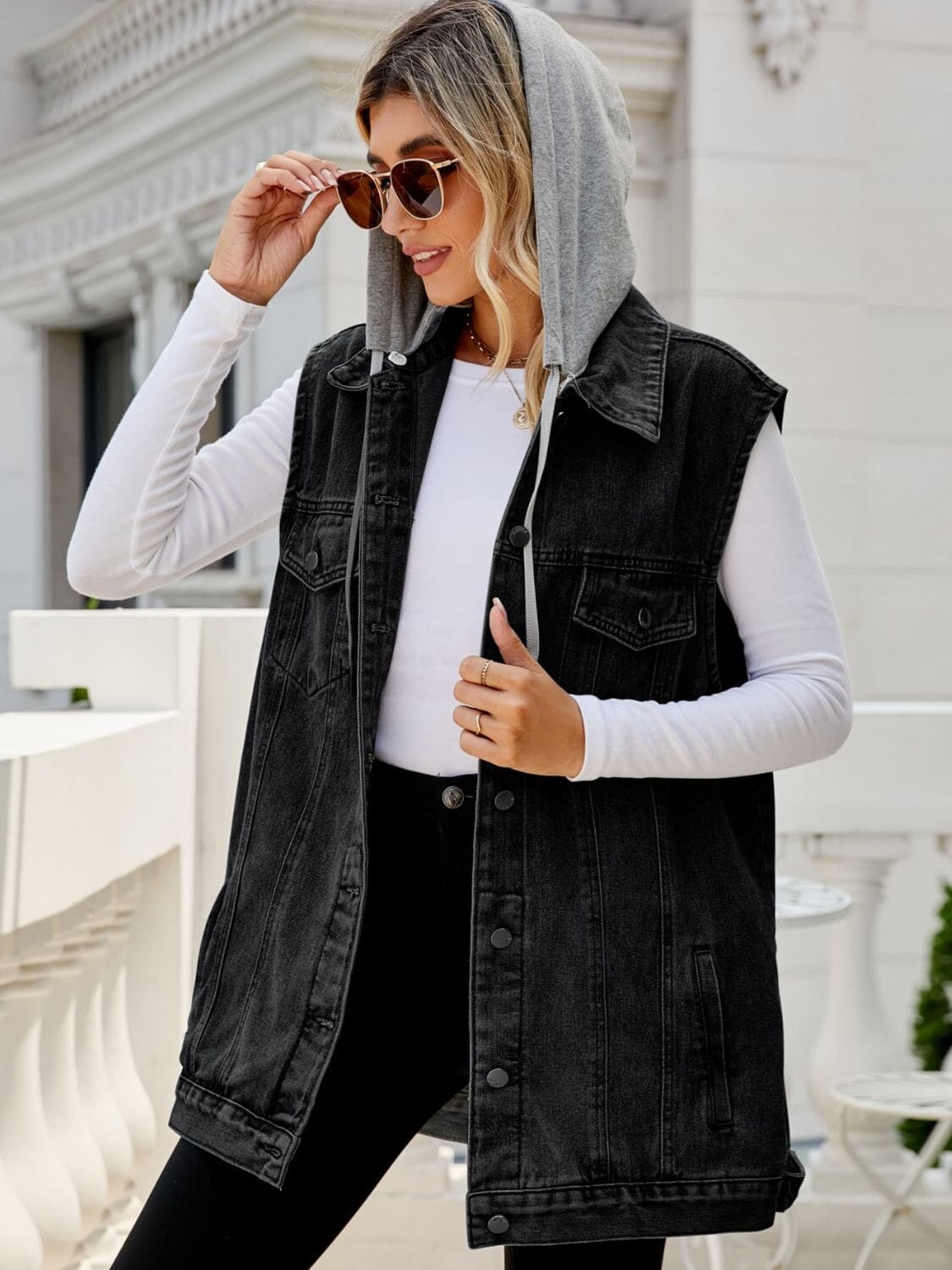 Drawstring Hooded Sleeveless Denim Top with Pockets - Sydney So Sweet