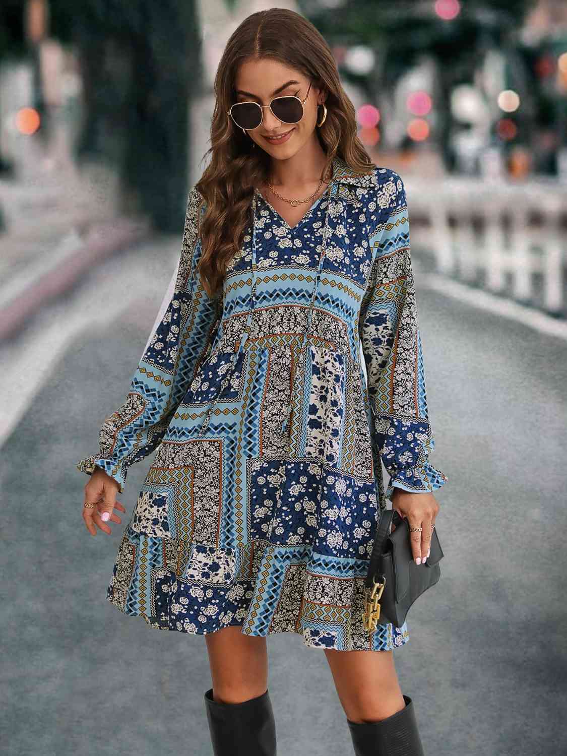 Printed Tie Front Flounce Sleeve Dress - Sydney So Sweet