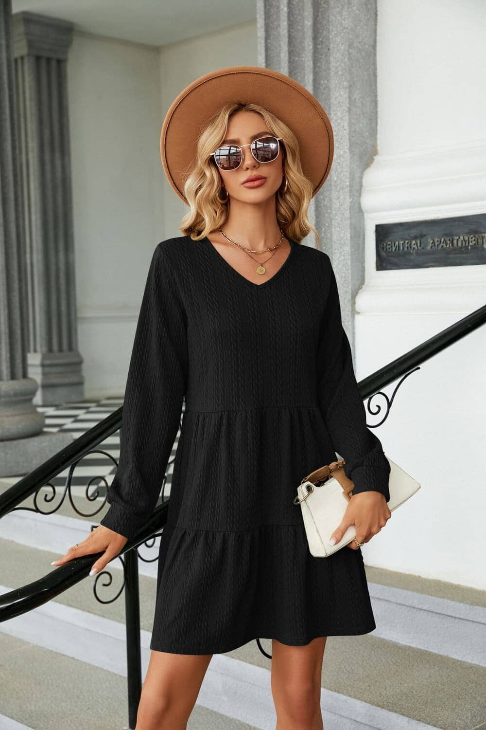 V-Neck Long Sleeve Mini Dress - Sydney So Sweet